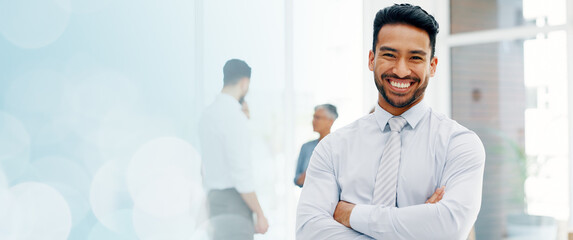 Corporate, face or Asian man arms crossed in workplace, smile or leader for brand development, sales growth or project success. Male employee, ceo or manager with happiness, business or collaboration