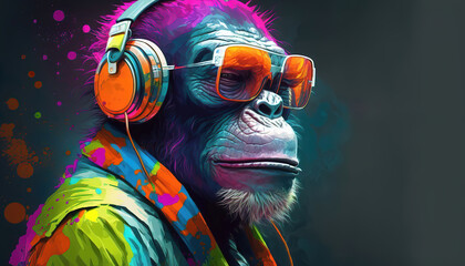 portrait of a party monkey ape with headphones on a colorful abstract background, generative ai
