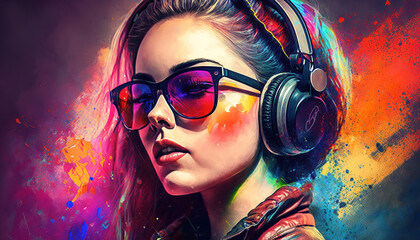 Wall Mural - portrait of a beautiful woman with headphones on a colorful abstract background, generative ai