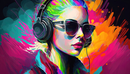Wall Mural - portrait of a beautiful woman with headphones on a colorful abstract background, generative ai