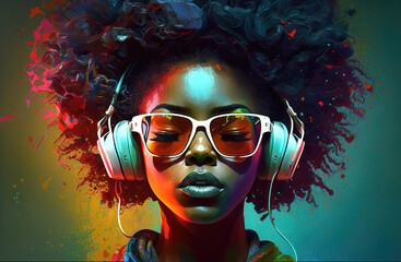 Wall Mural - portrait of a beautiful african american woman with headphones and afro hair on a colorful abstract 