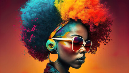 Wall Mural - portrait of a beautiful african american woman with headphones and afro hair on a colorful abstract 