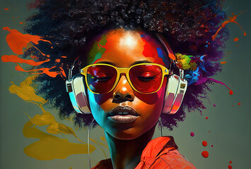 Wall Mural - portrait of a beautiful african american woman with headphones and afro hair on a colorful abstract 