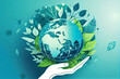 Umwelt- Konzept zum Tag der Erde: Menschliche Hände, halten die Erde vor einem grünen und ökologisch nachhaltigen Hintergrund - Generative Ai