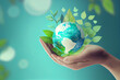 Umwelt- Konzept zum Tag der Erde: Menschliche Hände, halten die Erde vor einem grünen und ökologisch nachhaltigen Hintergrund, Vektor Illustration - Generative Ai