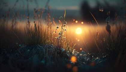 Canvas Print - sunset lights in the grass background, generative ai
