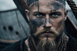Illustration of handsome strong and muscular Viking warrior. Historical Viking culture concept. Generative AI	
