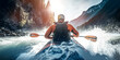 Back view man in kayak sails mountain river with sun light. Concept banner extreme sport rafting, whitewater kayaking. Generation AI