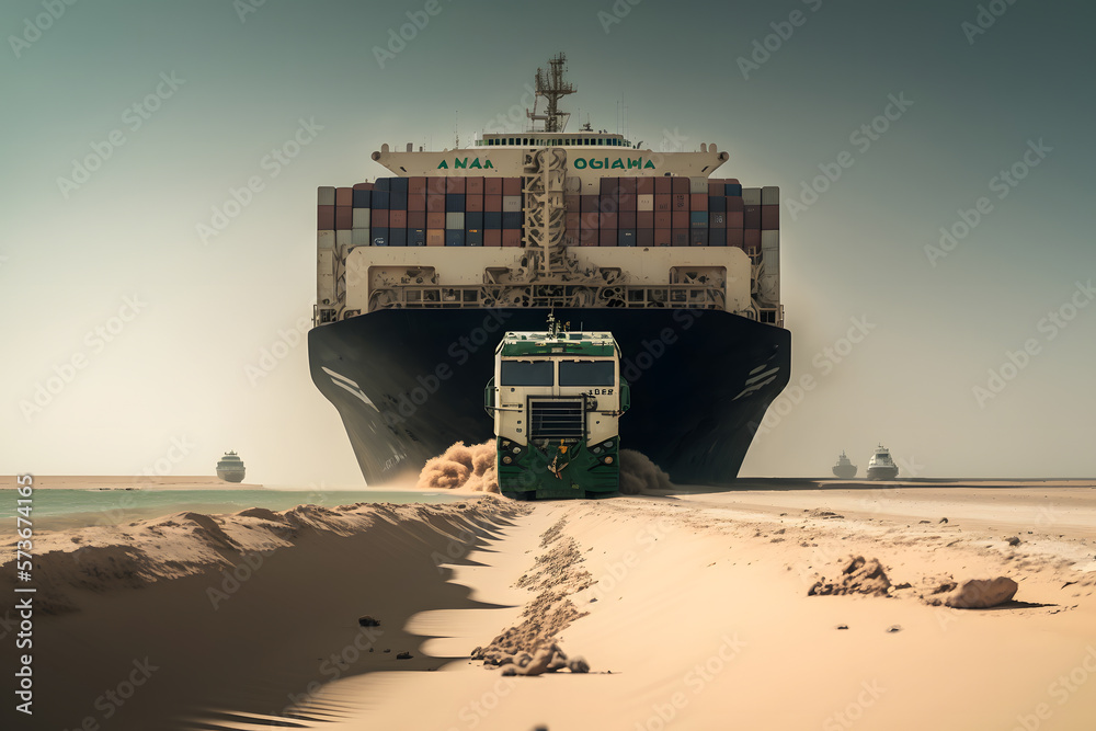 Container cargo ship accident crash sandy canal. Concept Global problem ...