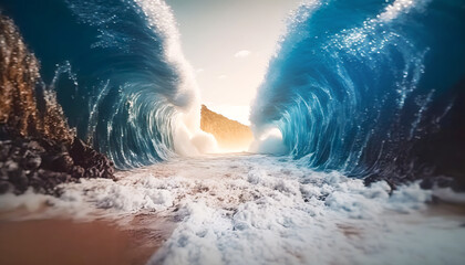 Ocean separate up to form canal. Bible miracle of Moses parting red sea for passage. Generation AI