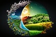 Concept of spring equinox. Day and night, sun and moon meeting together on the split landscape.