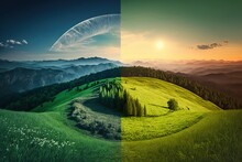 Concept Of Spring Equinox. Day And Night, Sun And Moon Meeting Together On The Split Landscape.