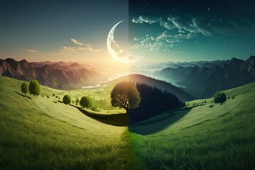 Concept of spring equinox. Day and night, sun and moon meeting together on the split landscape.