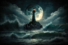 Lighthouse In A Storm With Thunder, Lightning, Full Moon And Big Waves. Digital Illustration And Epic Ocean Landscape. Generative AI