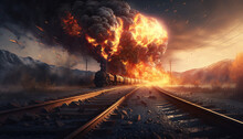 Background Illustration Of A Railroad Train On Fire On The Tracks After A Possible Derailment And Explosion.