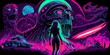 © Lucia Fox - Psychedelic trippy alien cartoon 70s, rave style, acid color. Retrowave concept. AI Generative