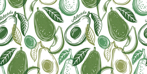  Seamless pattern with avocado. Healthy vegan food. Stamp printing. Hand drawn vector illustration in vintage style. Graphic fruits isolated on a background. Wood block print elements.