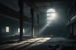 © francodelgrando - a run-down, abandoned warehouse sitting alone in the midst of a barren wasteland. The atmosphere of the image is one of loneliness and despair, with a thick layer of dust covering every surface. AI