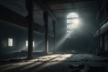 A Run-down, Abandoned Warehouse Sitting Alone In The Midst Of A Barren Wasteland. The Atmosphere Of The Image Is One Of Loneliness And Despair, With A Thick Layer Of Dust Covering Every Surface. AI