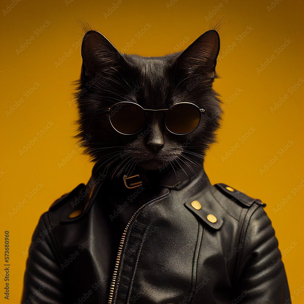 Ilustração A black cat wearing a stylish leather jacket and cool