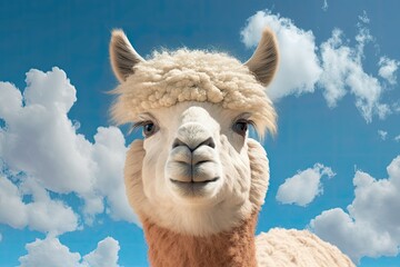 Wall Mural - On a bright summer day, a brown, blond, and sweet suri alpaca poses for a close up portrait while looking directly into the camera. Generative AI