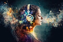 Healing Sounds And Sound Therapy. Sound Vibrations Open, Clear, And Balance Chakras And Energy. Woman In Headset In Sound Healing Therapy And Meditation. AI Generative