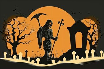 Canvas Print - A silhouette of a death reaper standing in a cemetery. Generative AI