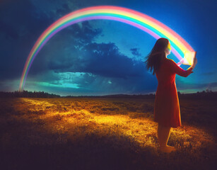 Wall Mural - woman with rainbow and book