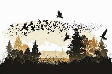 Sticker - Concept for World Environment Day Bird silhouettes flying over an autumn morning meadow setting. Generative AI