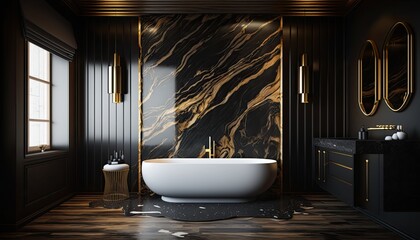 Modern interior, bathroom with bath, wooden wall, marble gold and black