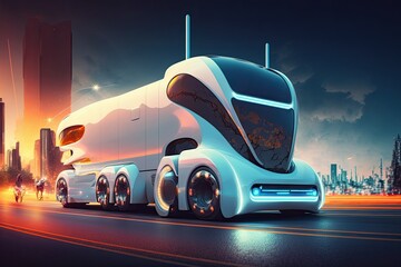 Poster - concept vehicle for a future oriented electric truck operating on a public road. Setting of a metropolis of the future. The automobile is electric. Generative AI