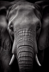 Wall Mural - Schwarz weiß Portrait von einem Elefant. Perfektes afrikanisches Wandbild - Generative Ai