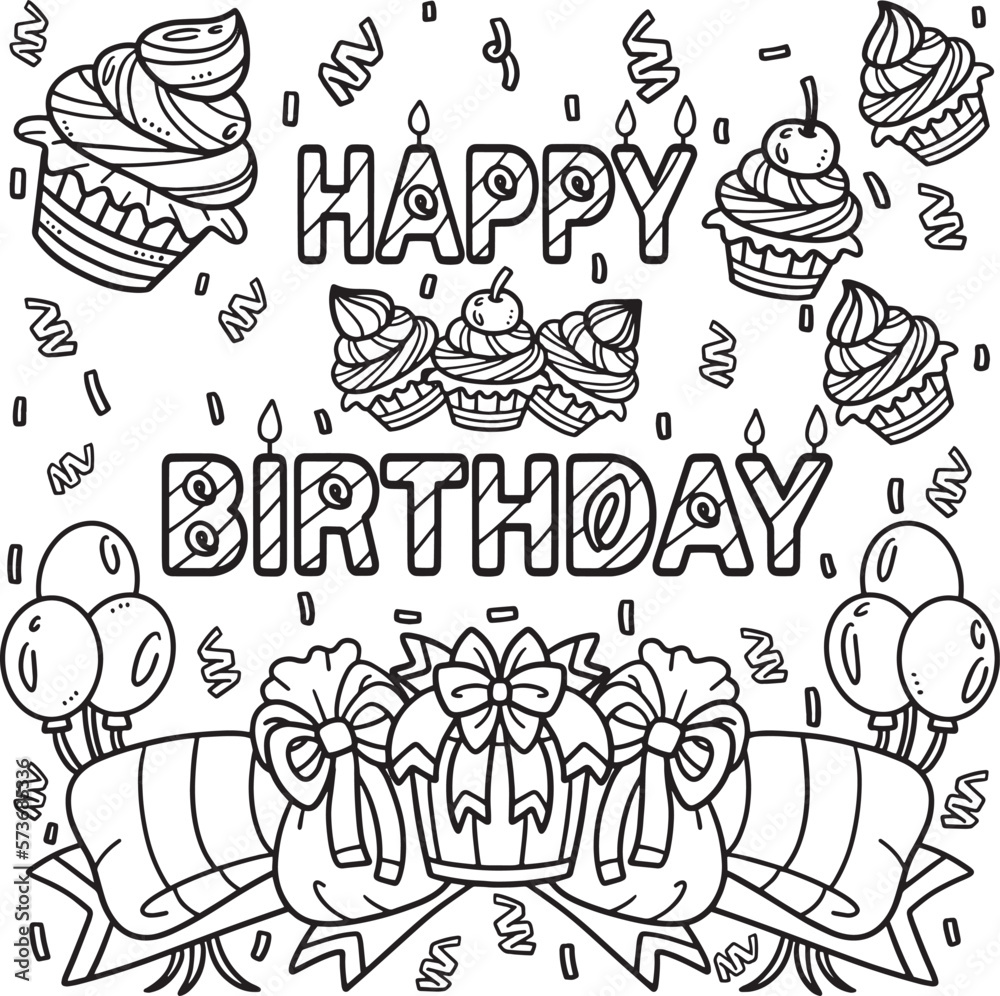 Happy Birthday Coloring Page for Kids Stock Vector | Adobe Stock