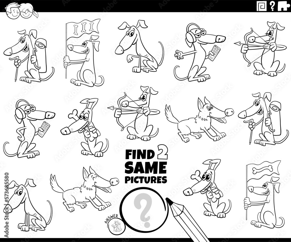 find two same cartoon dogs task coloring page Stock Vector | Adobe Stock