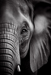 Wall Mural - Schwarz weiß Portrait von einem Elefant. Perfektes afrikanisches Wandbild - Generative Ai