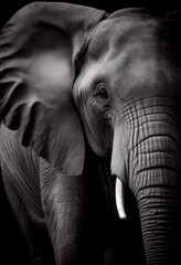Wall Mural - Schwarz weiß Portrait von einem Elefant. Perfektes afrikanisches Wandbild - Generative Ai