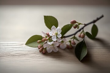 Wall Mural - pink blossoms on white wooden background. Rustic composition, many spring tree flowers on vintage wood textured table. Close up, copy text space, top view. generative ai