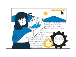 Poster - Web development concept with character situation. Woman places graphic elements in page interface template, works with code and settings. Vector illustration with people scene in flat design for web