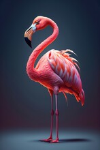 Exotic Pink Flamingo Bird Closeup Standing Full Height On Blured Background.