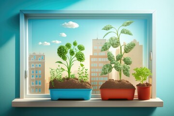 Poster - Seedlings of tomato plants are being cultivated in plastic containers with soil on a balcony window sill, and their progress is being labeled and monitored with the help of regular watering. Image of