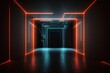 Glowing laser lines inside a dark empty room. Abstract dark neon background. Futuristic technologies. Generative AI