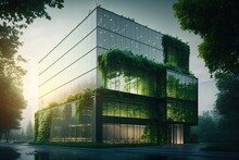 Green Office Building In A Modern Metropolis. Glass Building With Green Tree Branches And Leaves To Reduce Carbon Dioxide. Generative AI