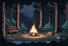 Pixel Art Game Background With A Camp Fire In The Forest. Generative AI.