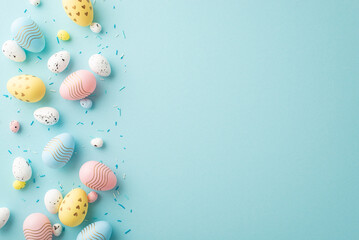 Wall Mural - Top view photo of yellow pink blue white easter eggs and sprinkles on isolated pastel blue background with empty space