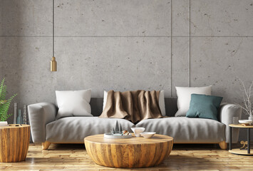 modern interior design of apartment, living room with gray sofa over the concrete, stucco wall. home