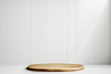 Poster - White background with an empty spot on a light colored wooden table top. Generative AI