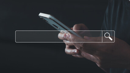 Job search concept. People searching for a new job, Woman hand using smartphone for job search at online website, find your career. Searching Browsing Internet Data Information with blank search bar.