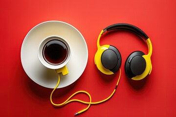 Wall Mural - A pair of white headphones and a black coffee cup on a sunny yellow background. Top down, flat lay minimalism. Ideas about schooling. Generative AI