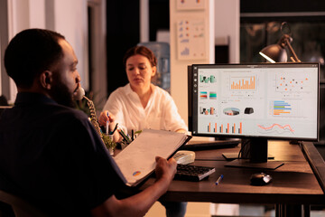 Poster - corporate worker analyzing business report data on computer screen, comparing diagrams on clipboard,