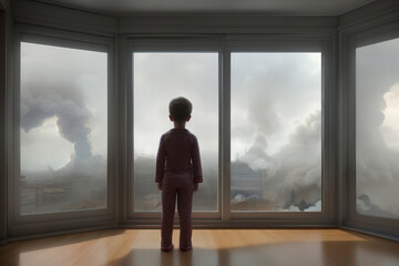 Lonely child standing at the window watching war and  destruction of the city. War consequences concept